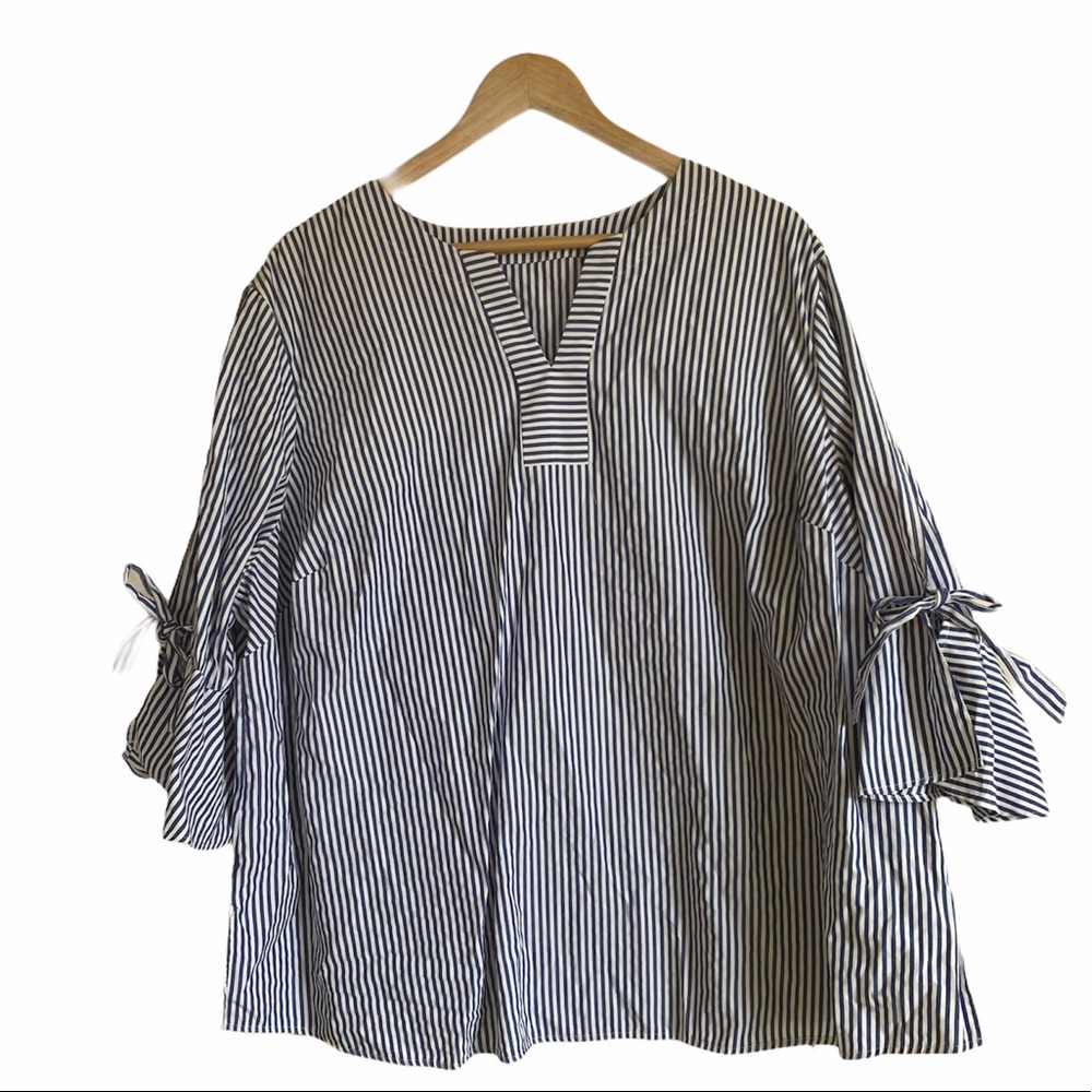 2X Navy Stripes Cold Shoulder Blouse